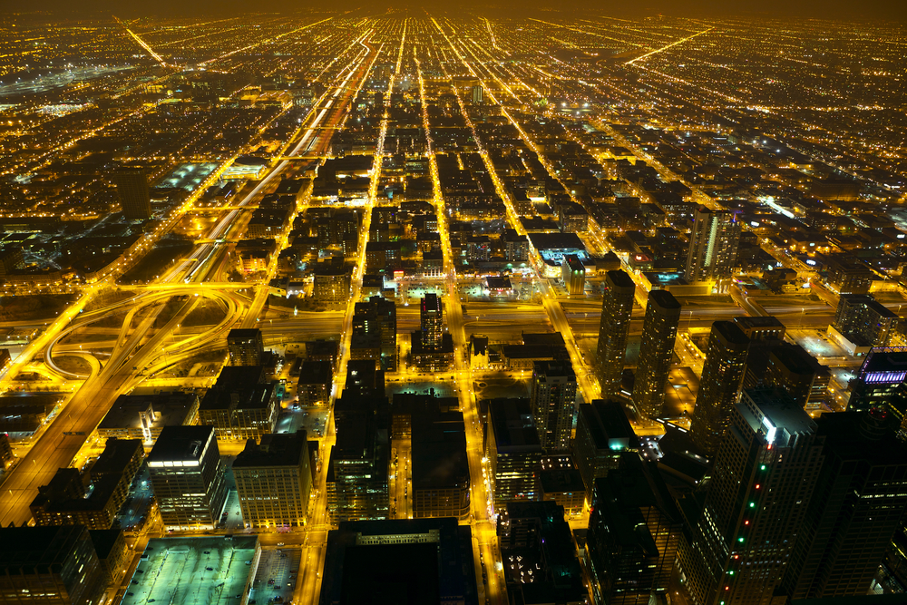 Aerial city night view of Chicago, IL, USA