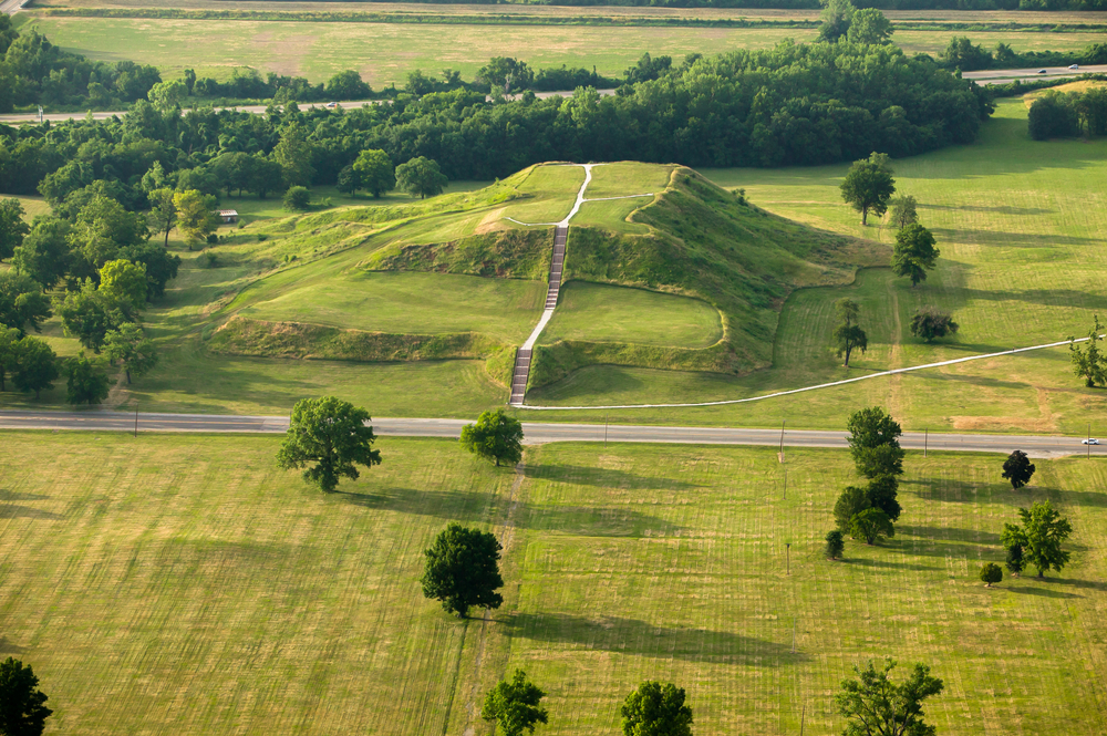 Aerial view of ancient Native American burial mound Cahokia Mounds, Illinois, USA