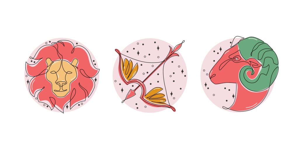 Astrological fire element zodiac signs vector illustration. Horoscope symbols, icons set: aries leo sagittarius. Astrology cartoon symbol drawing for mystic logo, calendar print in boho minimal style
