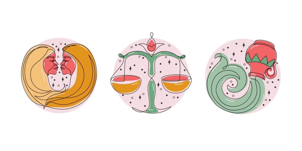 Astrological air element zodiac signs vector illustration. Horoscope icons set: gemini libra aquarius. Astrology cartoon symbol drawing for mystic logo, calendar print in boho minimal style
