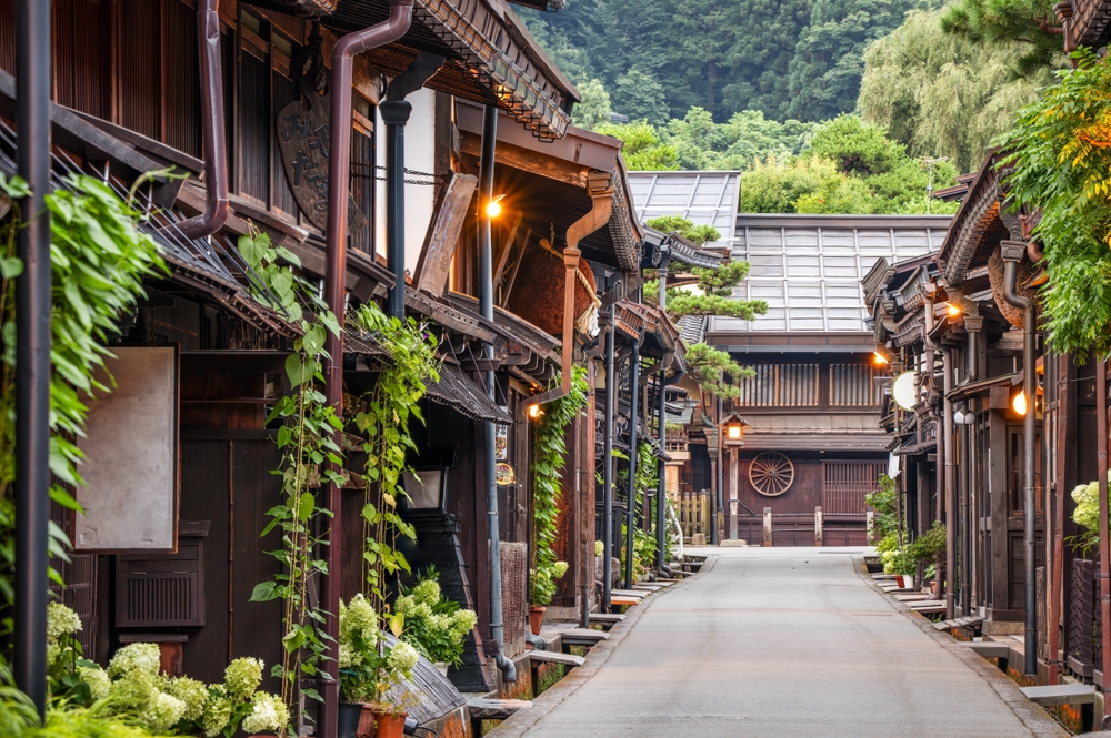 Takayama, Japan at the historic Sannomachi Street in the old town at twilight.