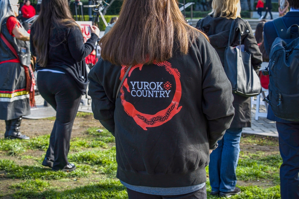 Sacramento, CA, U.S.A. - FEB. 13, 2024: A young woman wears a Yurok Country sweatshirt during the Missing and Murdered Indigenous Persons Day of Action at the state capitol.