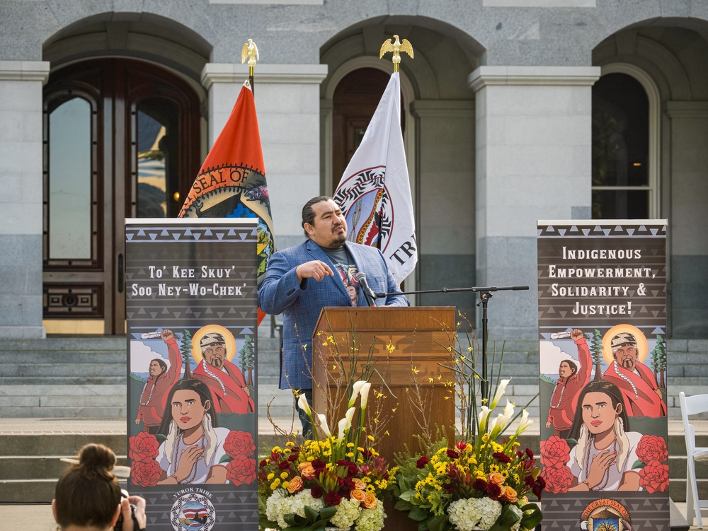 Sacramento, CA, U.S.A. - FEB. 13, 2024: Vice Chairman Frankie Myers of the Yurok Tribe speaks during the Missing and Murdered Indigenous Peoples Day of Action at the state capitol.