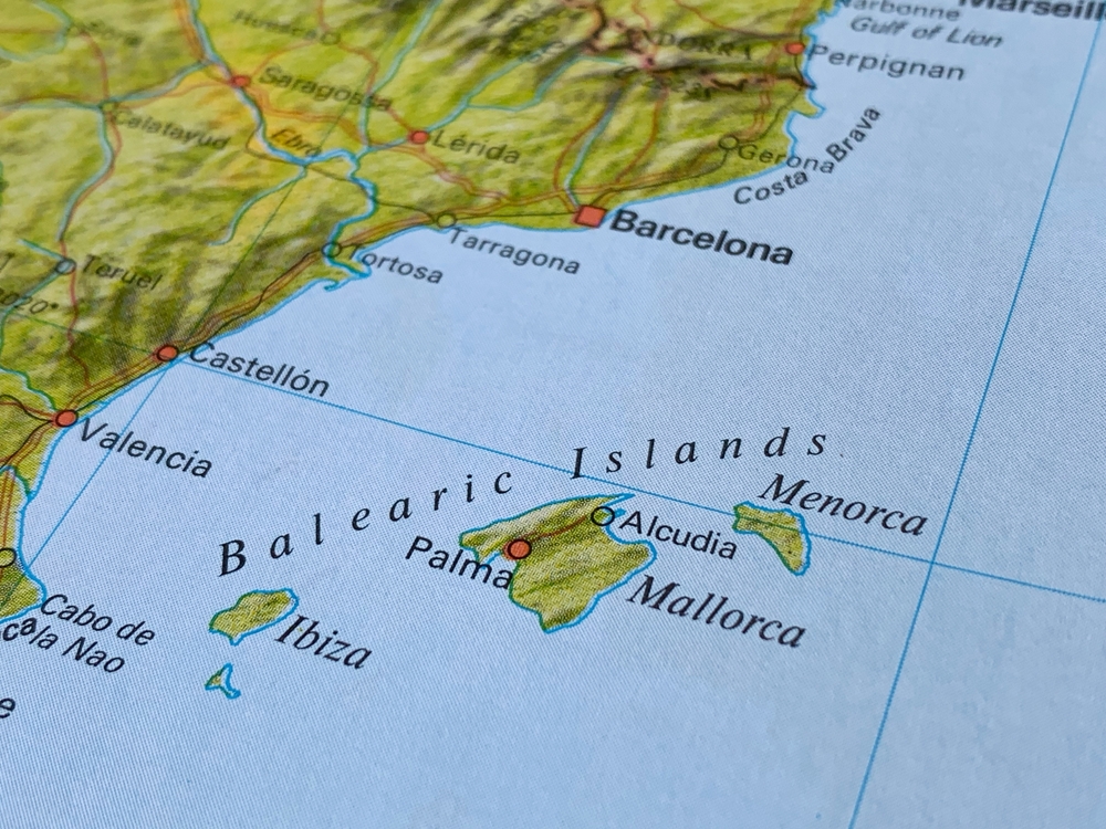 Balearic Islands, Mallorca, Menorca, a detailed atlas map focused on travel destinations, tourism backgrounds, world trade, and economy
