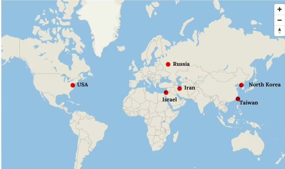 map of the world indicating most dangerous places to be in event of world war 3 