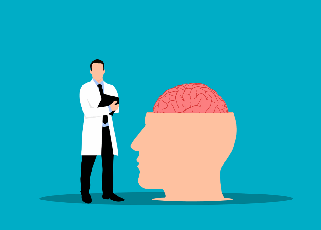 Alzheimer's awareness, doctor standing next to brain