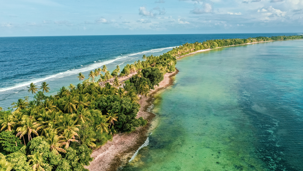 Aerial view of the island of Tuvalu located in the Pacific Ocean.
