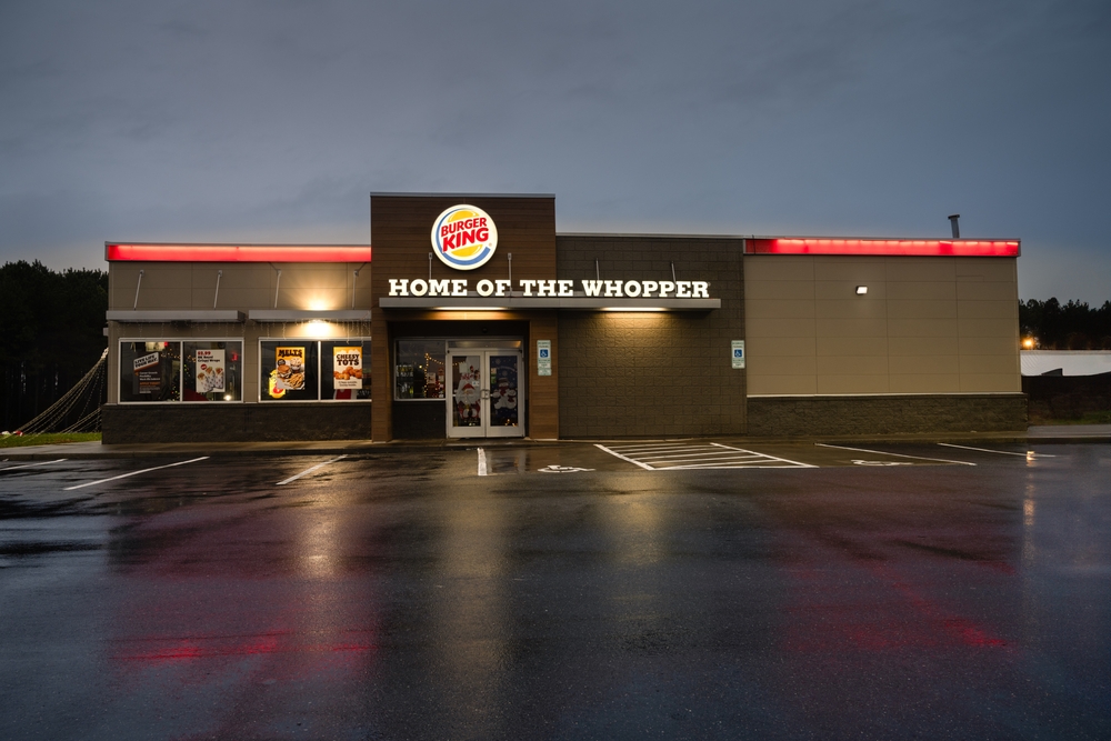 Chester, South Carolina, United States, 24 Dec 2023: Burger King Restaurant in Fort Mill, South Carolina, closed during a rainy night.