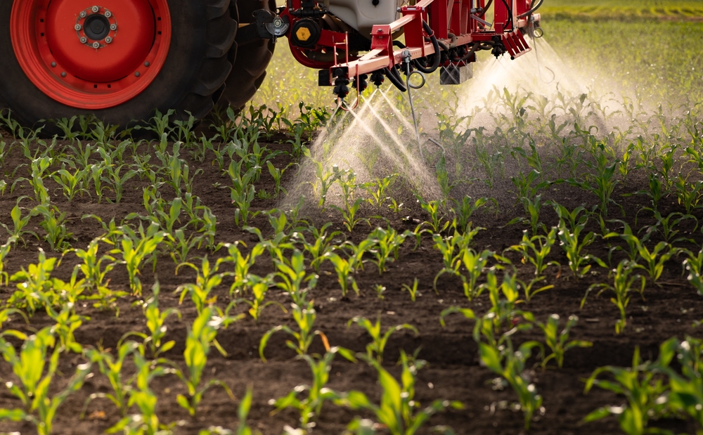 Tractor spraying pesticides on corn field with sprayer at spring
