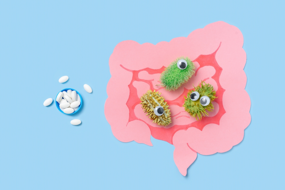 Cartoon intestinal model filled with cartoon bacteria and medicine pills on a blue background, concept gut health and probiotics