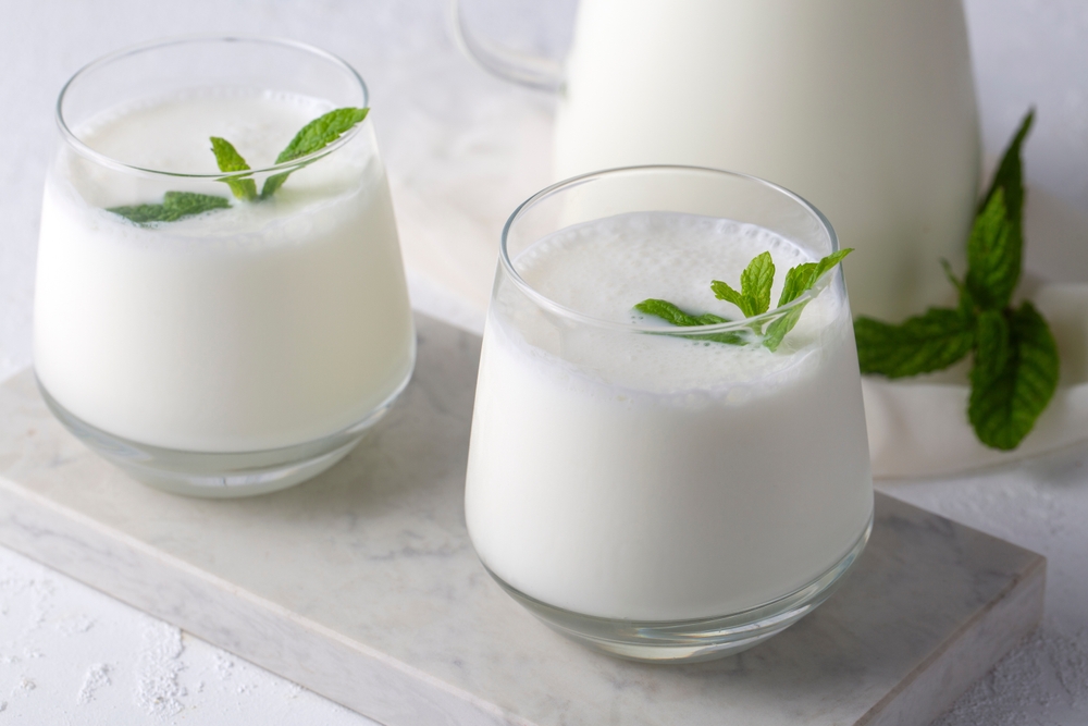 Turkish traditional drink ayran , kefir or buttermilk made from yogurt