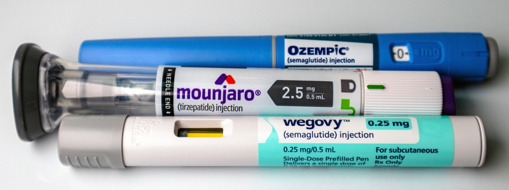 Valparaiso, IN USA - January 15, 2025: Mounjaro, Ozempic and Wegovy pens on white background