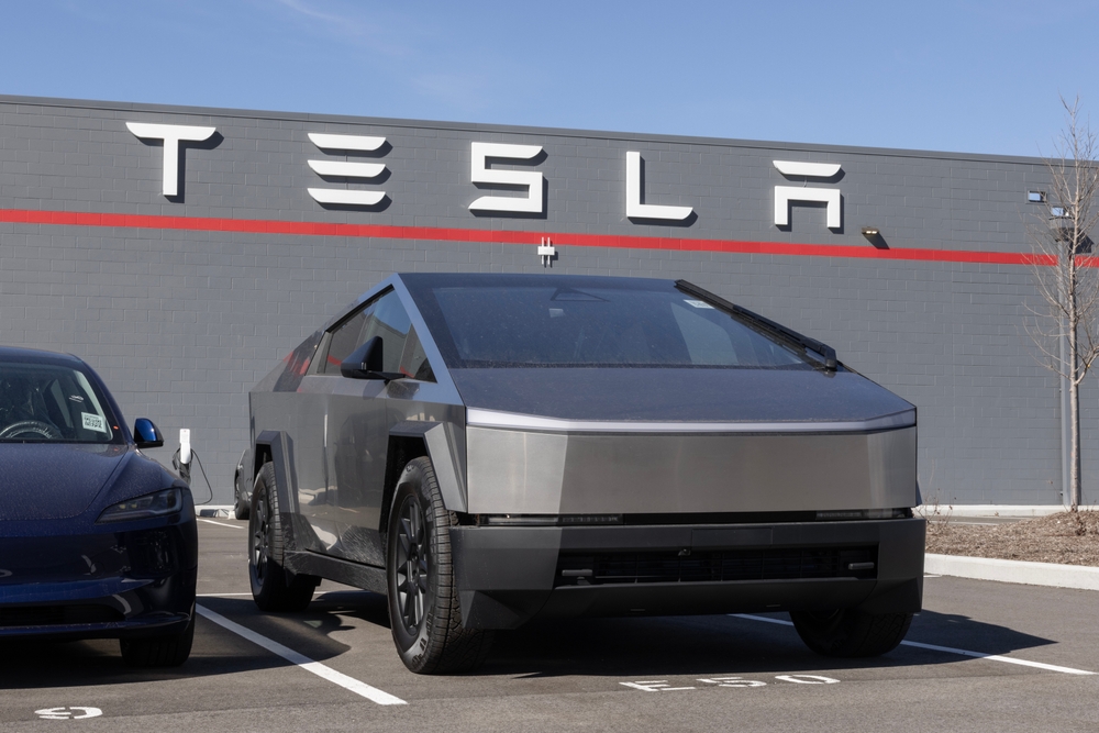Indianapolis - February 28, 2025: Tesla Cybertruck display at a dealership. Tesla offers the Cybertruck with driving range of up to 334 miles. MY:2025