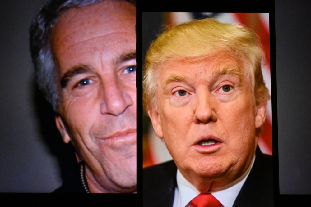 Conceptual editorial image showing U.S. President Donald Trump and Jeffrey Epstein on the screen. For editorial use only. New York U.S 24.07.2025