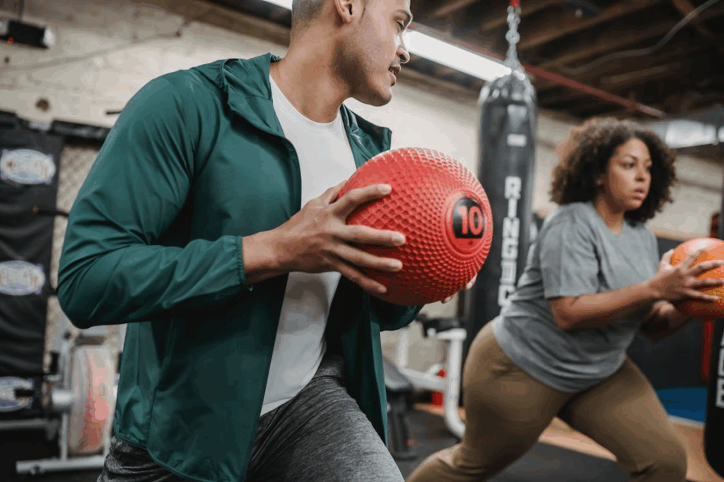 Focused obese ethnic woman exercising with male instructor with medicine balls in hand