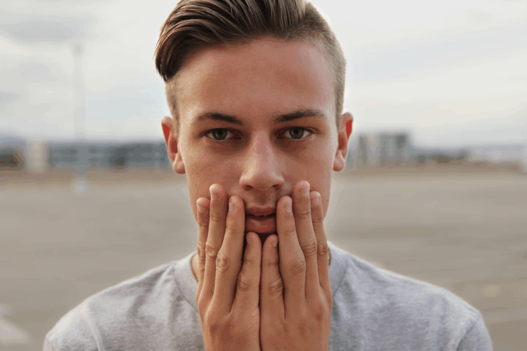 man touching face