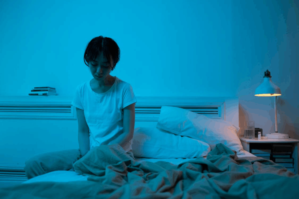 woman in blue light in bed