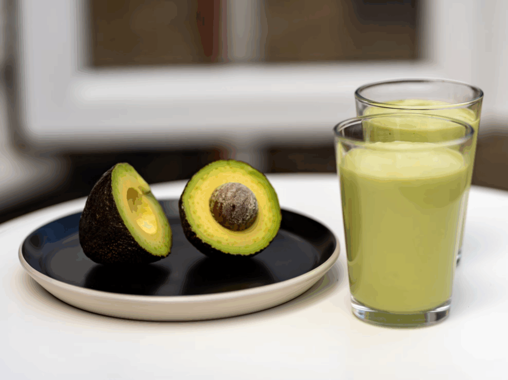 A close up of a avocado milkshakes on a table