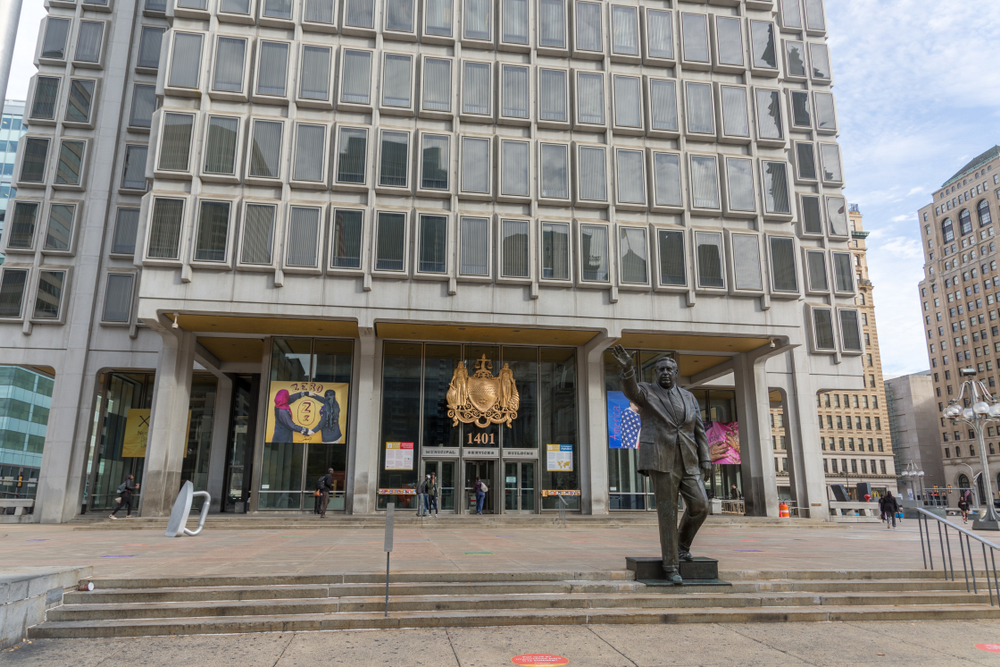 Philadelphia, PA, USA - November 7, 2017: The Mayor Frank Rizzo Statue stands outside the Municipal Services Building in Philadelphia.
