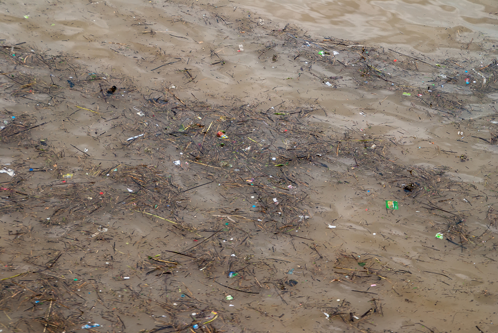 Fengdu, Chongqing, China - May 8, 2010: Yangtze River. Closeup of pollution with organic matter, plastic, trash, and other stuff floating in brown water.