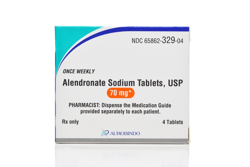 IRVINE, CALIFORNIA - 8 AUG 2024: A box of Alendronate Sodium Tablets. 