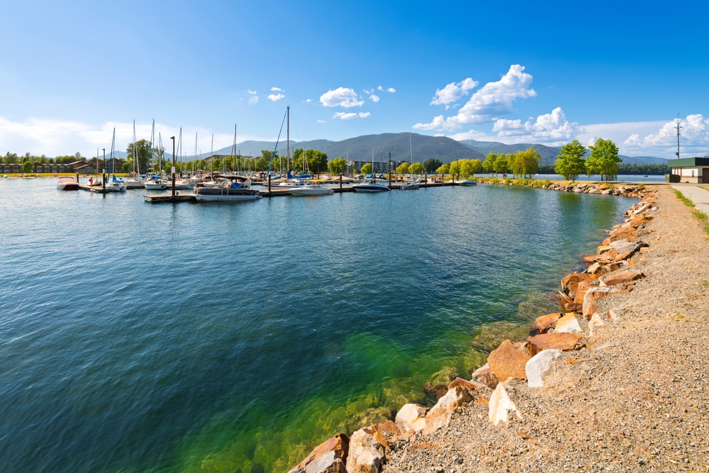 Sandpoint, Idaho - July 21 2024: The marina in the downtown lakefront district of Sandpoint, Idaho, with boats filling the docks on Lake Pend Oreille on a summer day in the North Idaho panhandle.