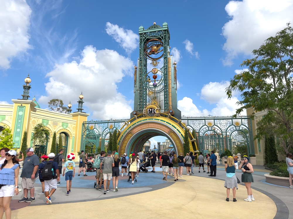 Orlando, Florida - May 2, 2025: Guests enter the main gate of Universal’s newest Epic Universe theme park in Orlando, Florida, during a public preview on a busy day filled with excitement and fun.