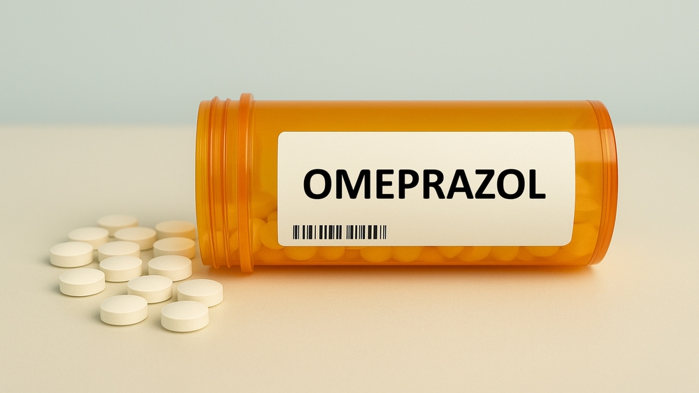 Omeprazol box of tablets placed on a table, proton pump inhibitor for acid-related conditions in daily use.