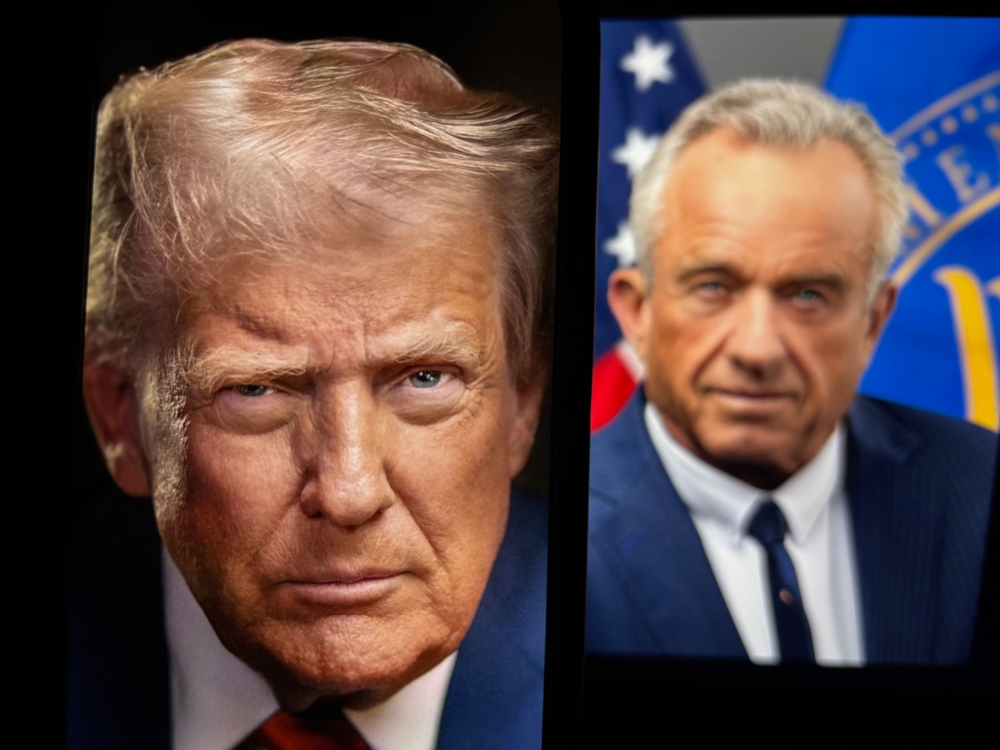 Toronto, Canada - August 22 2025 A photo of donald trump on a phone screen in front with Robert Francis Kennedy Jr. or RFK jr in the background.