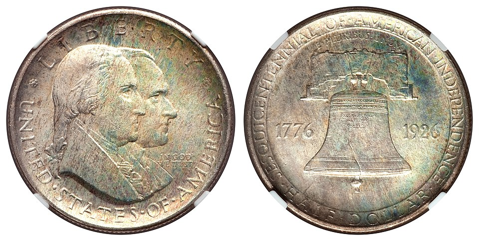 1926 half dollar mint depicting the heads of George Washington and Calvin Coolidge on the one side, and the Liberty Bell on the other. 