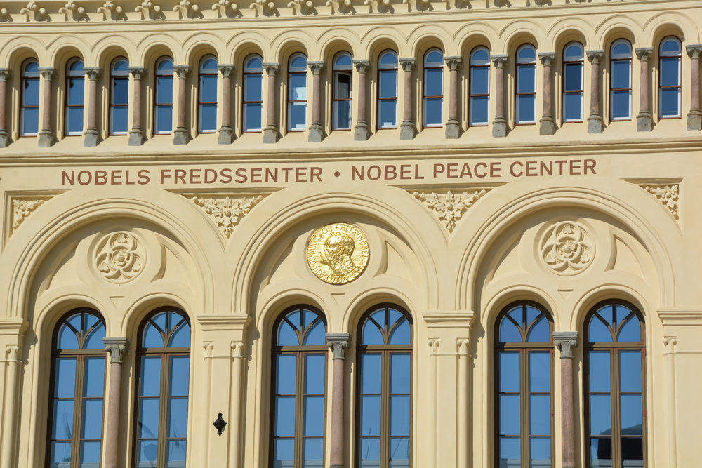 Oslo, Norway-May 2020; Close up of part of the facade of the Nobels Fredssenter (Nobel Peace Center)