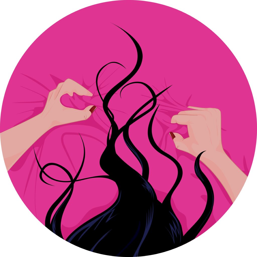 woman with long hair, in erotic scene. pop art. female hands grabbing sheet. libido