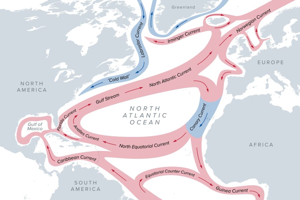 Map of the Gulf Stream and major North Atlantic Ocean currents. Sea water is circulating in clockwise direction, the warm currents highlighted in red, and the cold ones in blue. Illustration. Vector