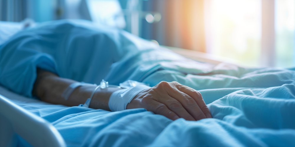 Closeup of patient's arm with IV drip in a hospital bed