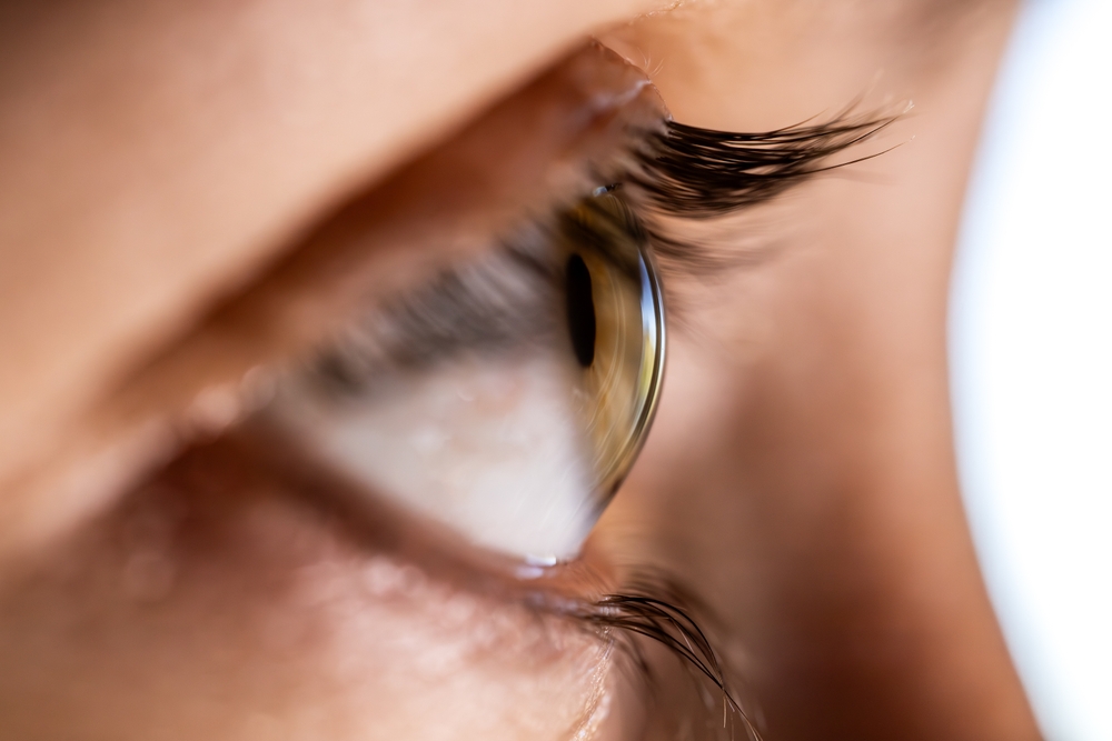 A macro view of a woman's eye, cornea, and eyelashes