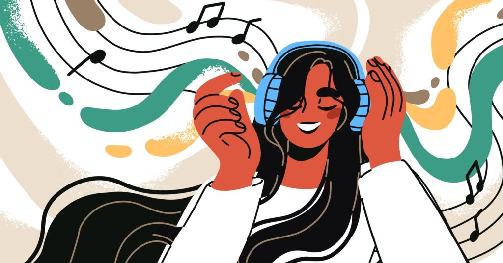 Music lover enjoying audio in headphones. Happy young black woman listening to song in head phones, favorite sound track. Smiling girl inspired by melody, soundtrack. Flat vector illustration