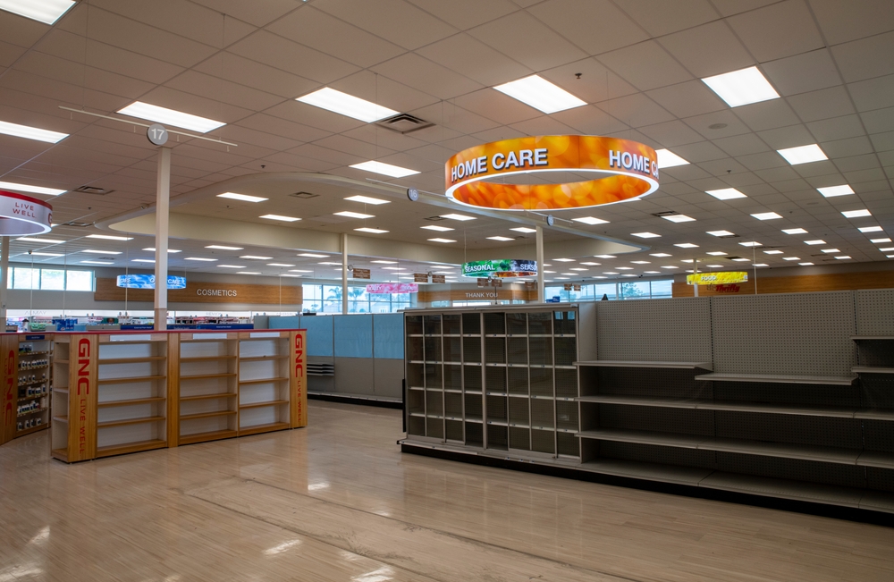 Channel Islands, CA. 2025 June 9. Rite Aid store and pharmacy store interior. Empty shelves, store closing. Thrifty's ice cream
