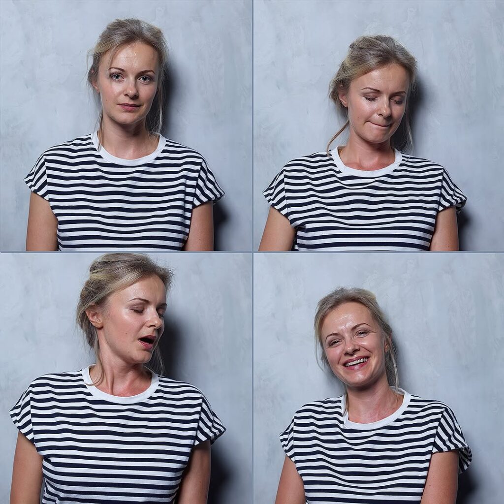 blonde woman in black and white striped shirt