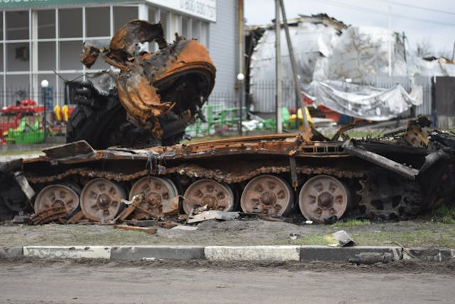 war-torn city scene