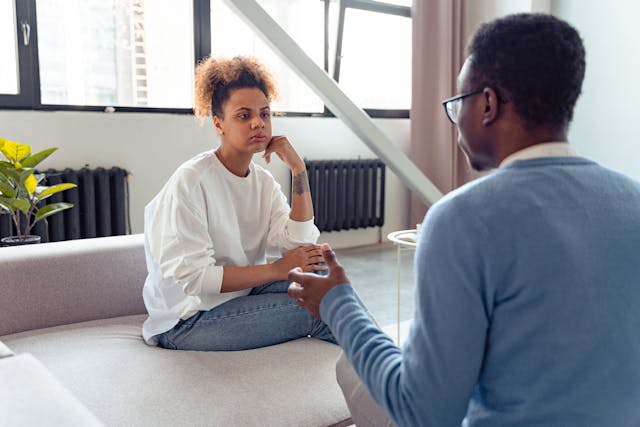 woman and man in a discussion