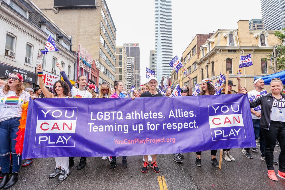 JUNE 24, 2018 - TORONTO, CANADA: 'YOU CAN PLAY: LGBTQ ATHLETES' MEMBERS MARCH AT 2018 TORONTO PRIDE PARADE.  