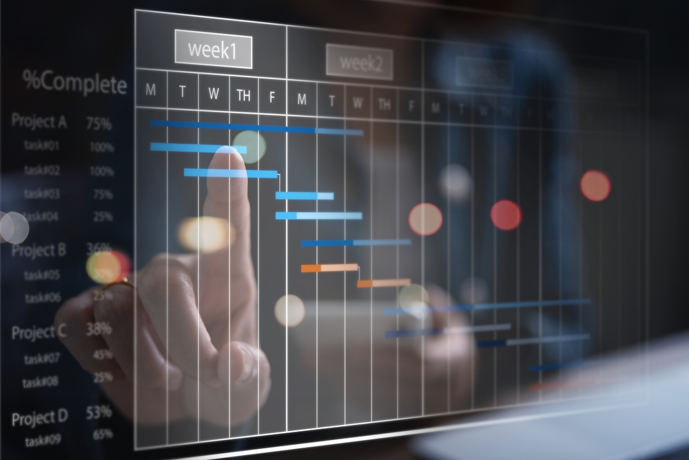 Project manager working and update tasks with milestones progress planning. Businessman using laptop computer and digital tablet with Gantt chart scheduling virtual diagram, project management concept