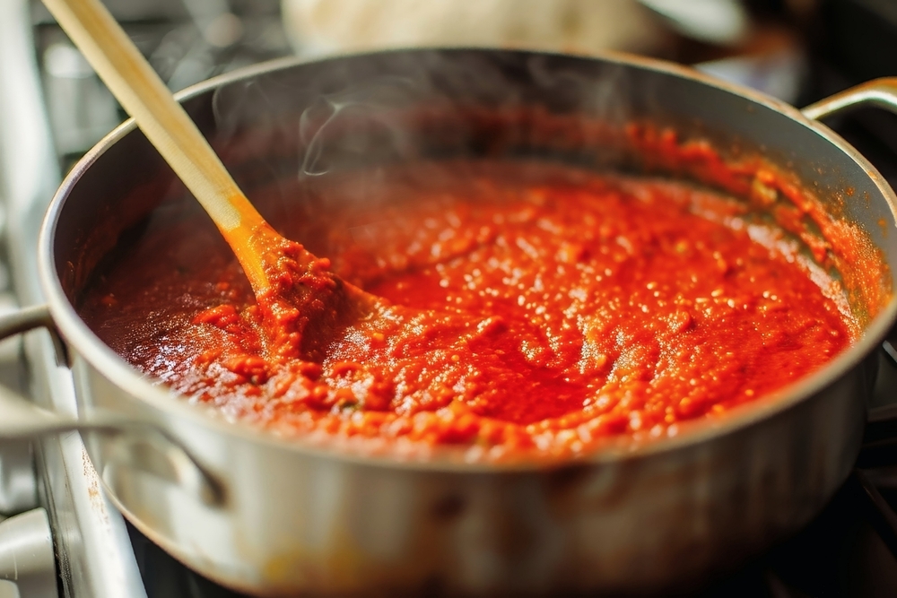 View into a pot while cooking a red sauce