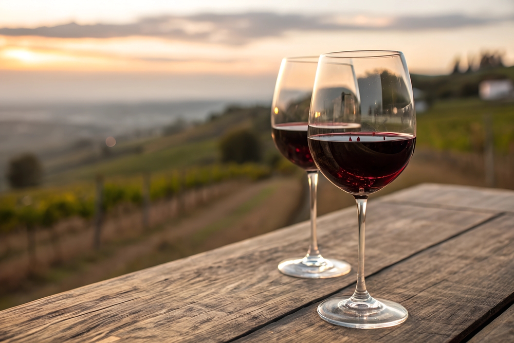 Closeup of two wine glasses with red wine on wooden table