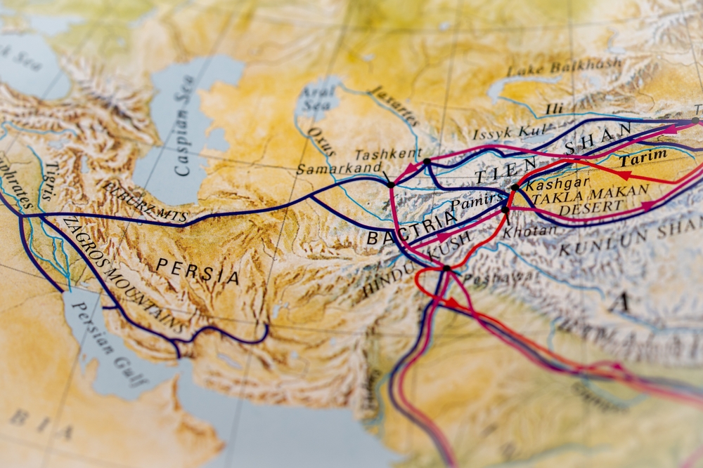 Historical map of the Silk Road from a history book. Toronto, Canada - January 29, 2025.
