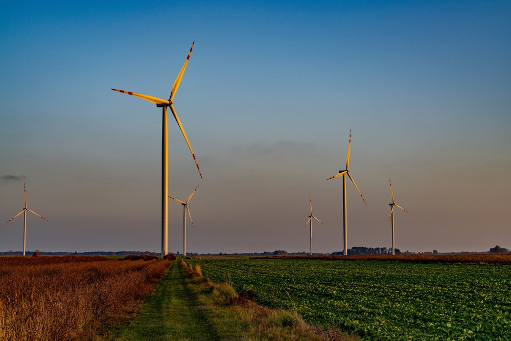 Wisznice, Lubelskie, Poland - 11.01.2024: A modern wind farm near Polubicze showcases renewable energy sources, offering scenic views and an insight into green power production.