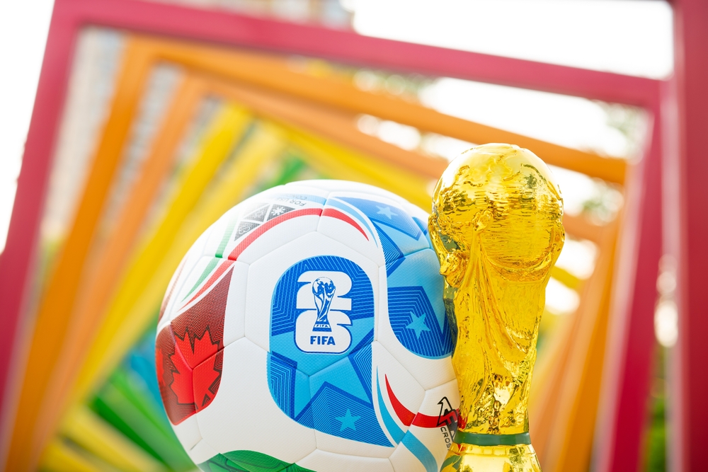 ZHONGSHAN China-July 19 2025: 2026 World Cup soccer and a trophy in the outdoor at horizontal composition.