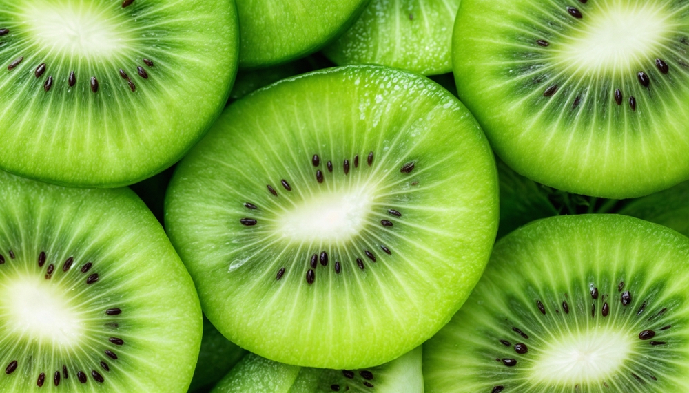 Organic brown kiwi, top view. Lying flat, on top, from above.