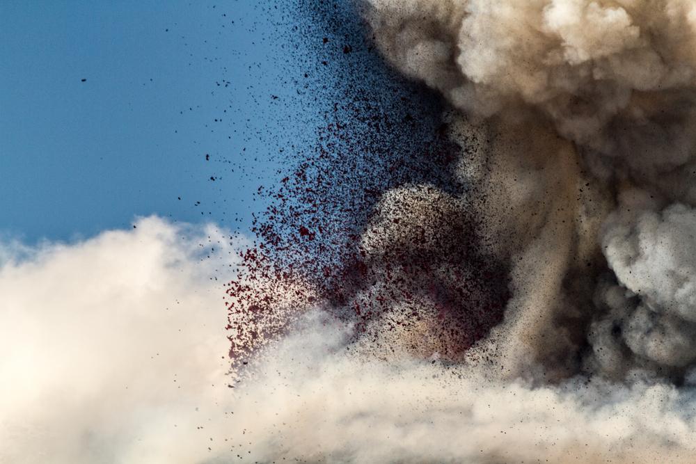 Volcano etna eruption with explosion and ash emission