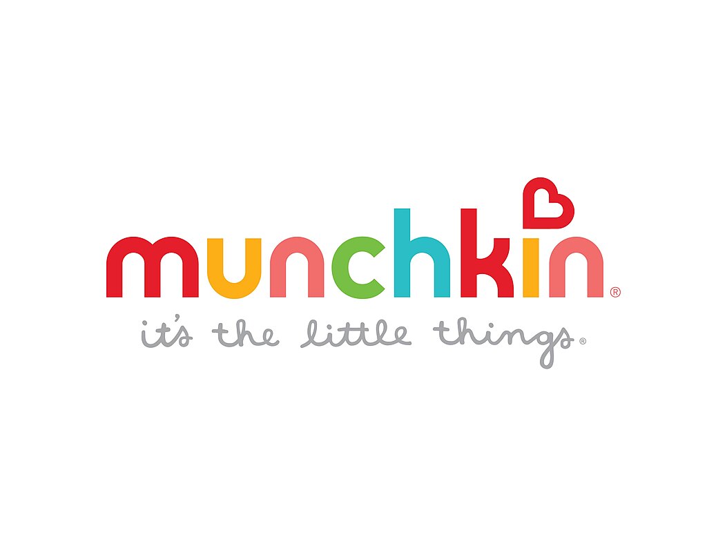 Munchkin baby products logo in rainbow colors on a white background with the tagline "it's the little things."